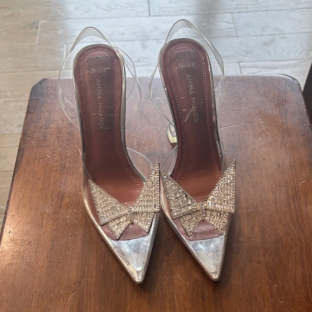 Amina Muaddi Silver and Clear Heels - Picture 12 of 17